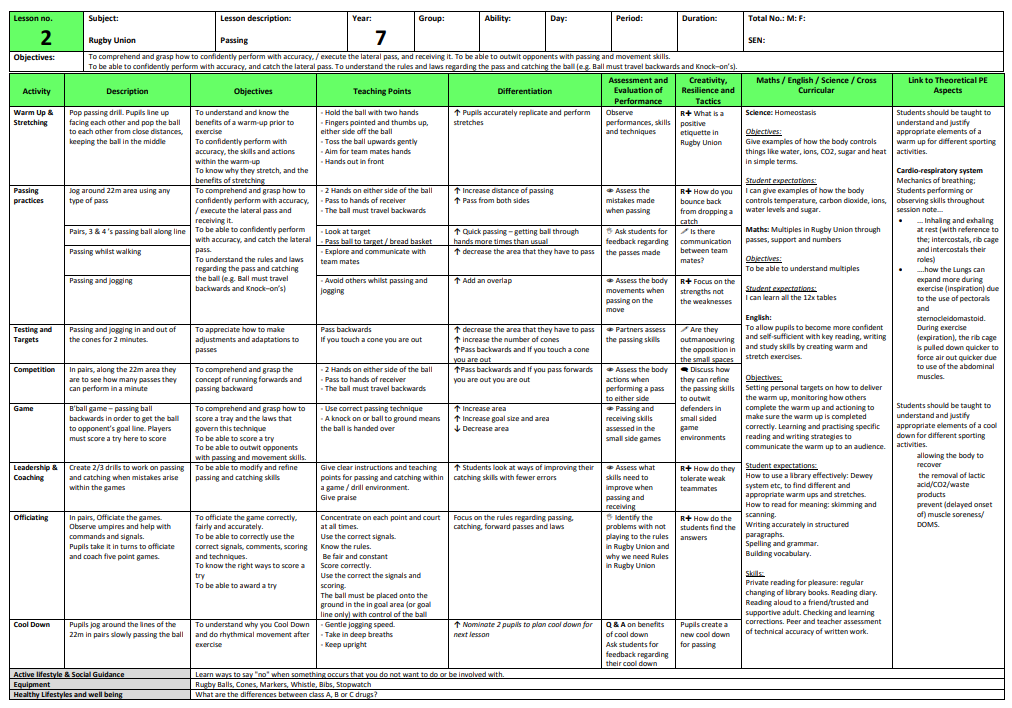 Rugby Union Lesson Plans (KS3)