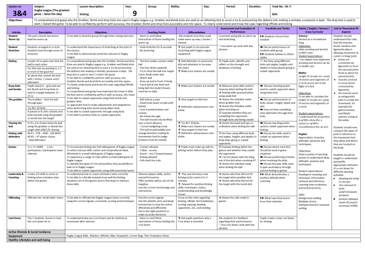 Rugby League Lesson Plans (KS3)