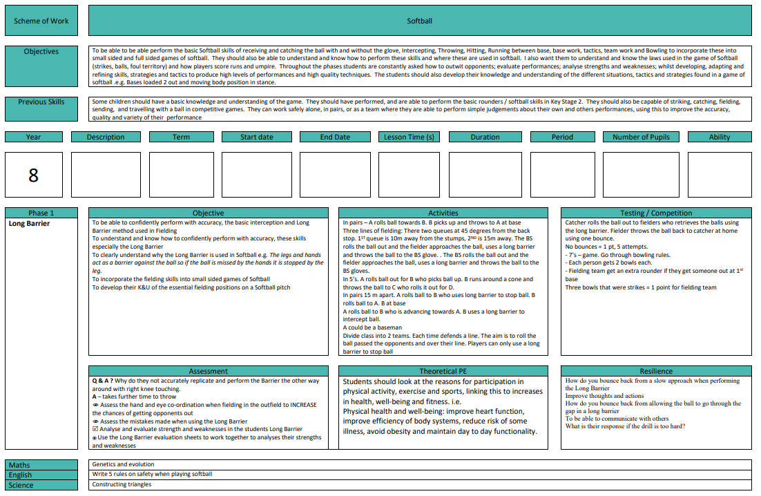 Softball Scheme of Work (KS3)