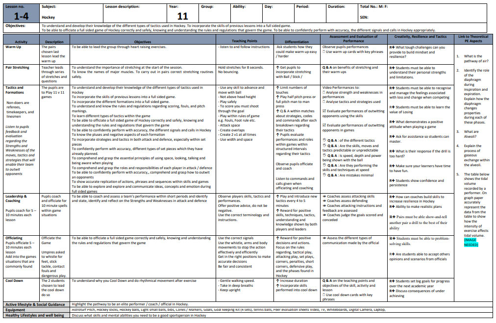 Hockey Lesson Plans (KS4)