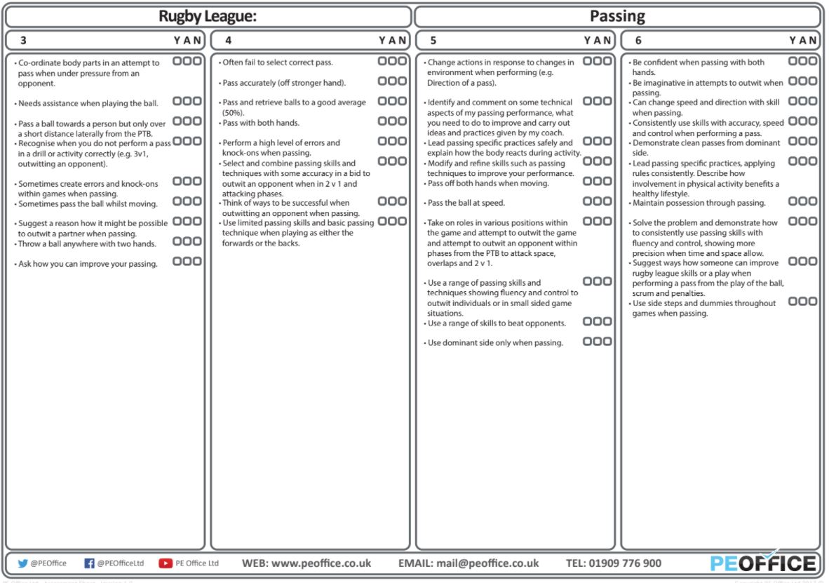 Rugby League - Evaluation sheets - Passing